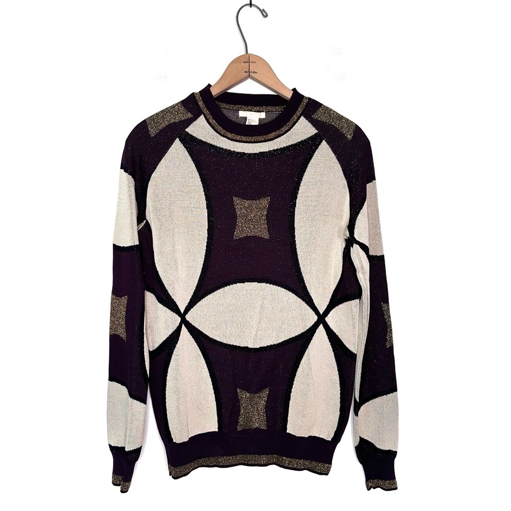 H&M Brown and Sparkly Gold Crewneck Sweater with Geometric Patterns Size 4